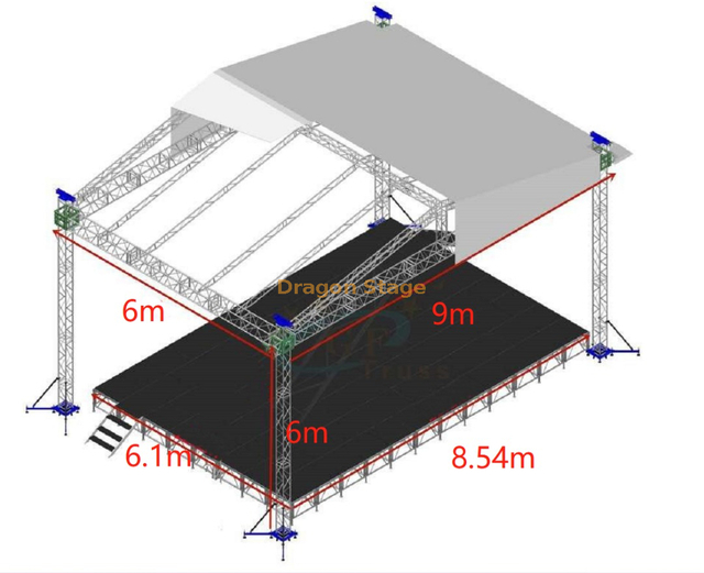 Custom Aluminum Truss Roof Frame Design 9x6x6m with Stage Platform 8.54x6.1m / 7.32x4.88m