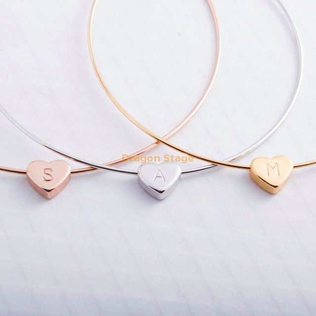women stainless steel jewelry custom engraved letter adjustable heart shape cuff bracelet bangle
