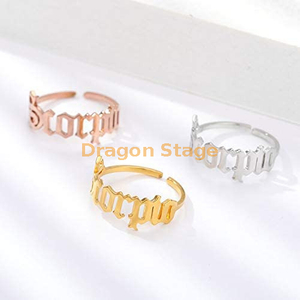 wholesale jewelry adjustable open gold plated custom 12 old English name stainless steel zodiac sign initial wedding ring