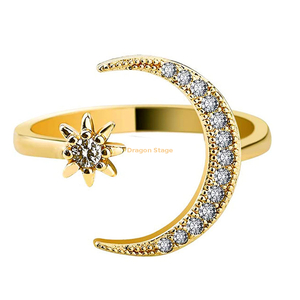 Open finger ring women jewelry cubic zircon stainless steel 14k 18k gold plated moon and star adjustable wedding ring