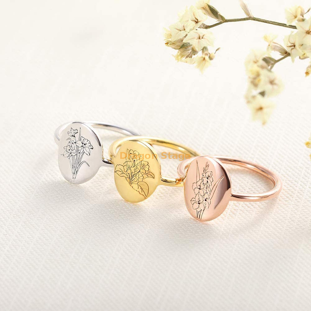 women girls birthday gift personalized ring jewelry gold engrave signet custom stainless steel birth flower ring
