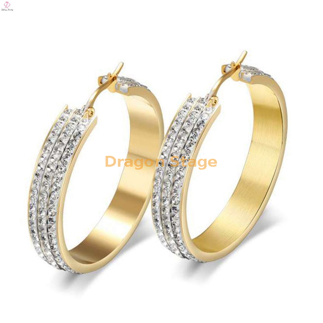 Big round clear crystal gold earrings stud, gold diamond hoop huggie earrings