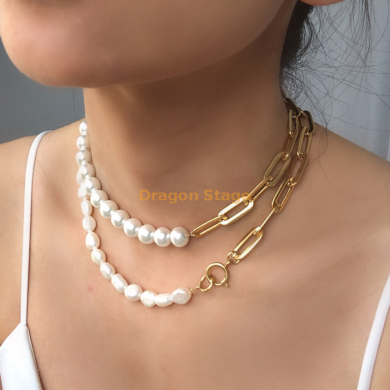 Woman 18K Gold Plated Freshwater Pearl Moon Star Charm Necklace Chain Choker