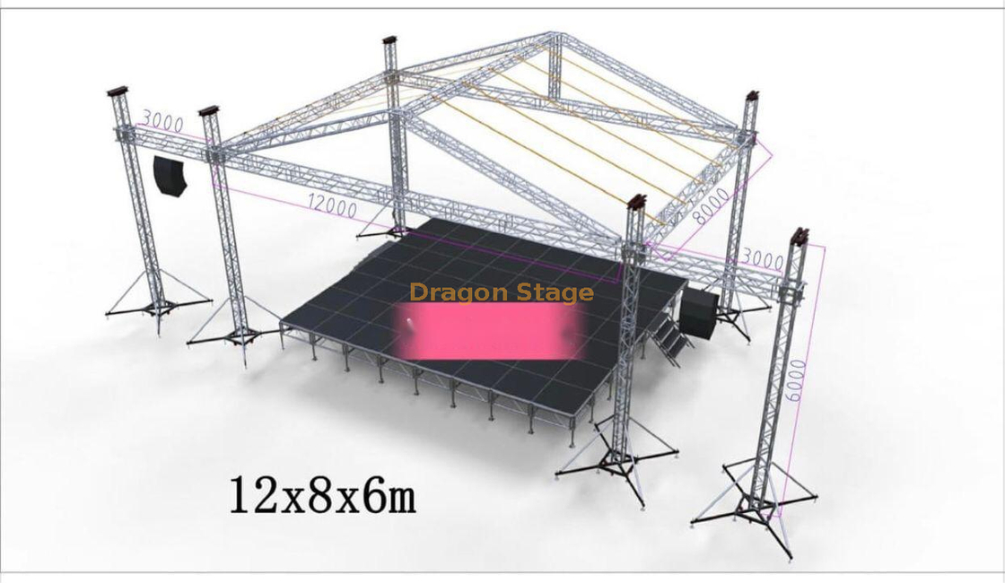 Outdoor Concert Stage Platform with Pitched Roof Truss System 12x8x6m Modular Stage Platform 10.98x7.32m Height 1.2-2m