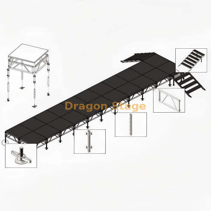 13.42x2.44m Professional Aluminum Runway Stage | Adjustable 0.4m–0.8m Modular Catwalk with Dual Stairs