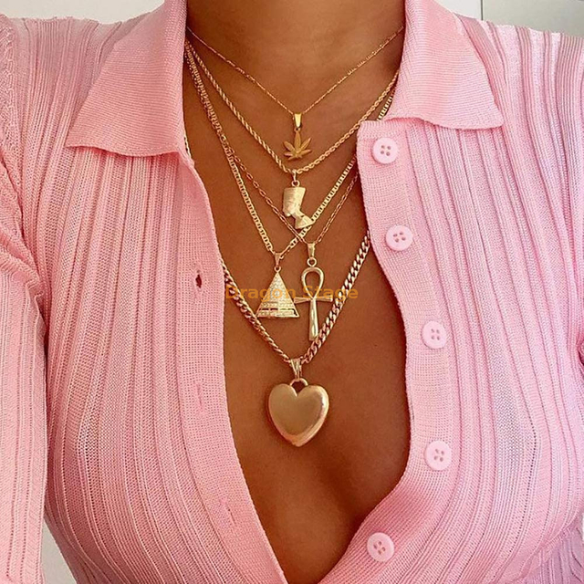 Fashion Statement Women Men Multi Layered Heart Necklace Jewelry Custom Maple Leaf Gold Cross Pendant Egypt Necklace