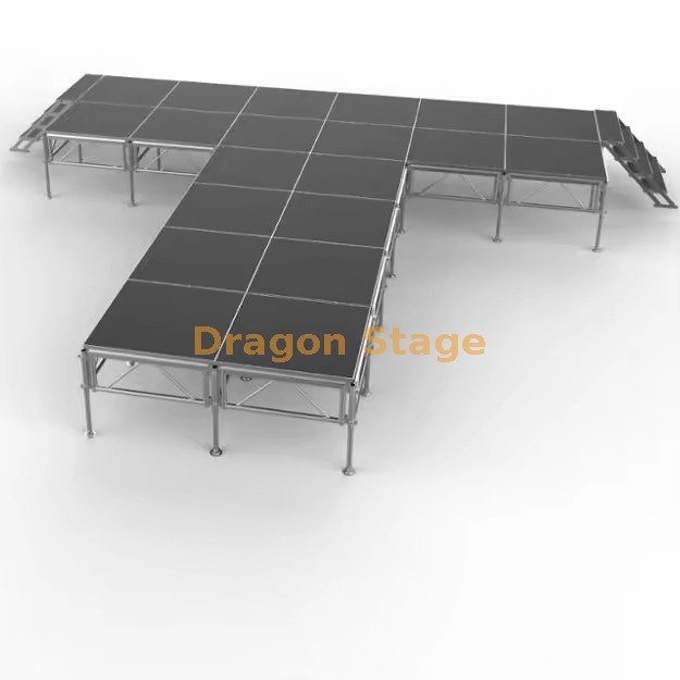 7.32x7.32m T-Shape Modular Aluminum Mobile Stage with Stairs – Height Adjustable (0.8m)