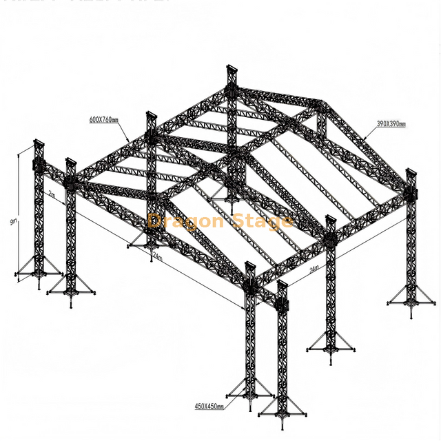 24x24x9m Large Outdoor Concert Stage Roof Truss System with Side Wings – Heavy Duty Aluminum Alloy Peak Roof Assembly