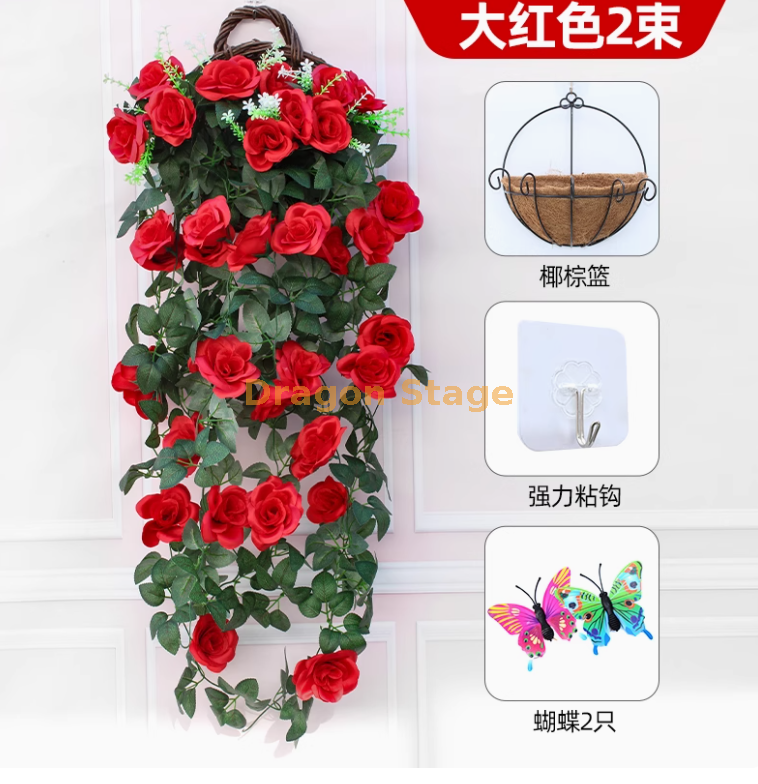 红色-2束玫瑰送椰棕篮+送粘钩 2只蝴蝶