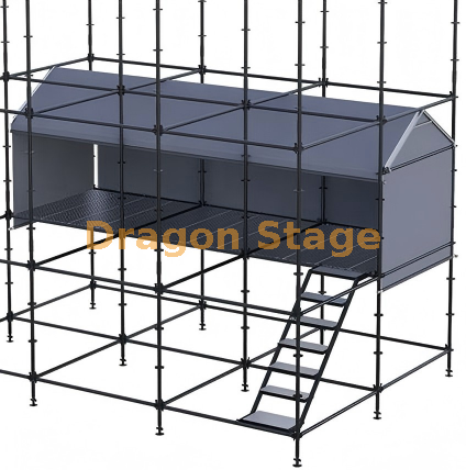 2x6m Hybrid Ringlock FOH Control Booth with Aluminum Gable Roof and Stair Access