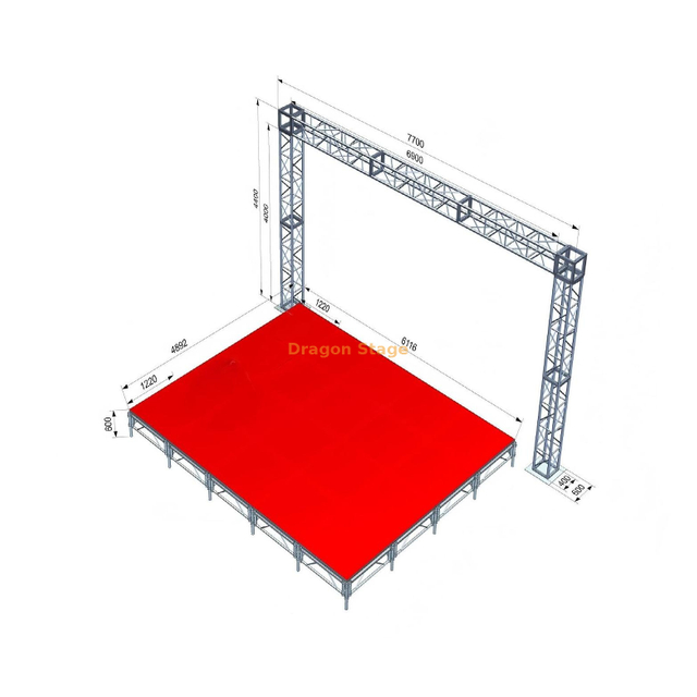 6.72x4.89m Red Modular Event Stage with 7.7x4.4m Rear Box Truss Gantry
