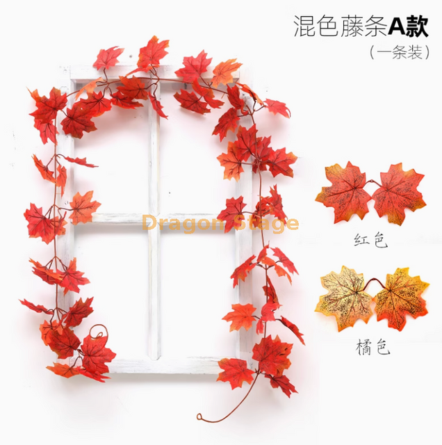 Simulated Red Maple Leaf Vine Wall Hanging Fake Tree Leaves Halloween Theme Showcase A Mixed Color Maple Leaf Vine -1 Red+Orange