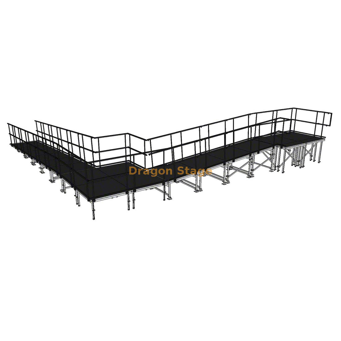 9.82x10.71m 90-Degree Modular Aluminum Stage Ramp with Landing and Dual Guardrails