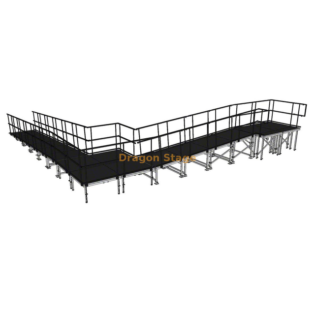 9.82x10.71m 90-Degree Modular Aluminum Stage Ramp with Landing and Dual Guardrails