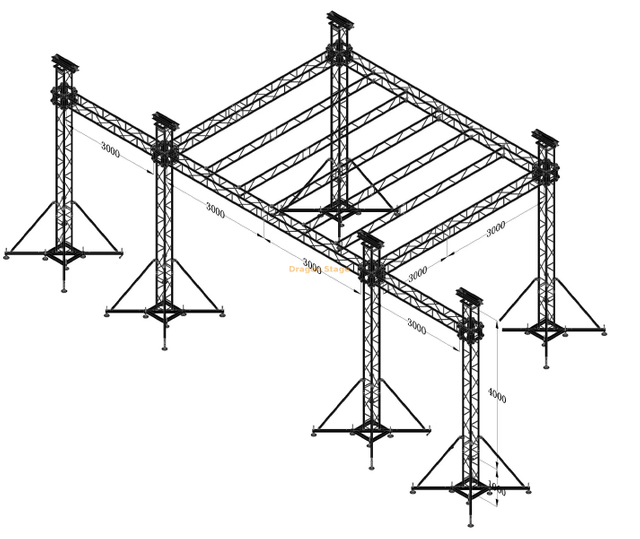 6x6x5m Flat Roof Aluminum Stage Truss System with 5m Height & 3m Speaker Wings