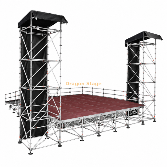 Integrated Ringlock Stage System with 2 Line Array Towers, 10x10m Stage, and Rear Loading Ramp
