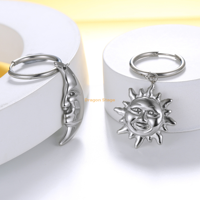 wholesale fashion hip hop jewelry custom stainless steel sun and moon dangle drop hoop earring
