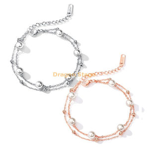 wholesale jewelry gift double layered silver rose gold stainless steel pearl chain bracelet for girl