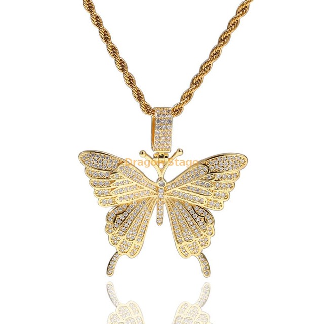 Gold Silver AAA Cubic Zircon Men's Women Hip hop Pedant Butterfly Necklace Rock Jewelry