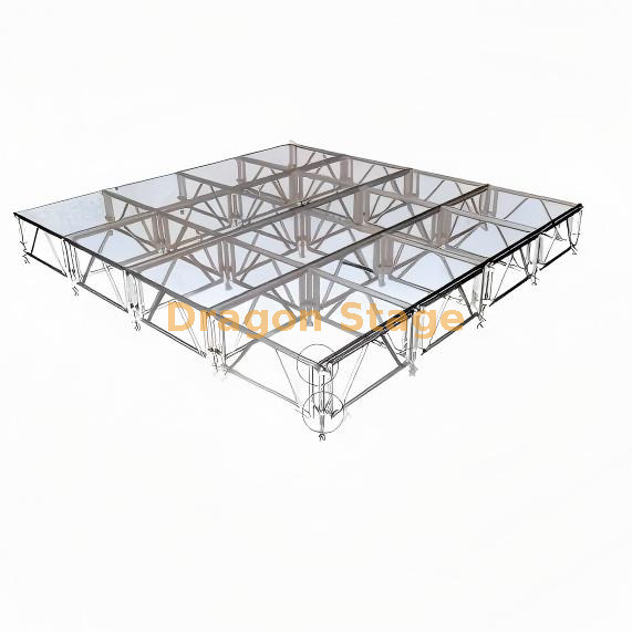 4.88x4.88m Square Aluminum Mobile Acrylic Glass Stage with Adjustable Height and Dual Stairs