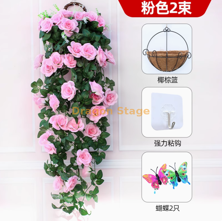 浅粉红-2束玫瑰送椰棕篮+送粘钩 2只蝴蝶