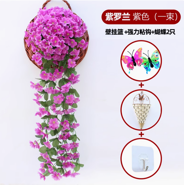 Simulated Violet Wall Hanging Orchid Large Embroidery Artificial Plastic Flower Silk Flower Rattan Purple 1 Large Violet Sending Basket Hook