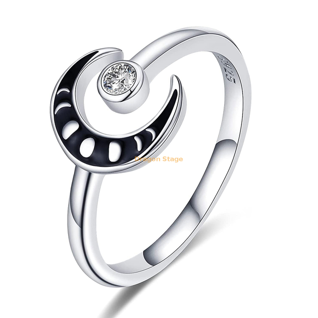 Women Zircon Sun And Moon Ring 925 Sterling Silver Black Custom Moon Star Adjustable Ring