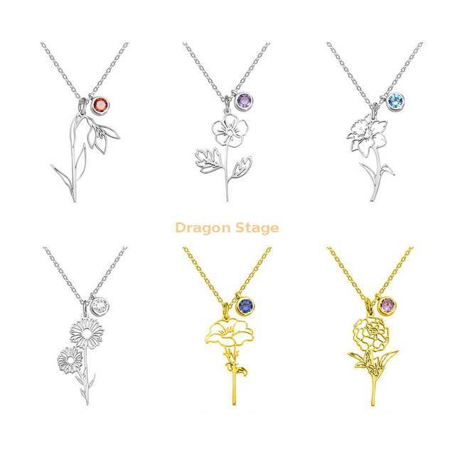 Wholesale Custom Birthstone Necklace Jewelry 925 Sterling Silver Dainty Birth Flower Pendant Necklace