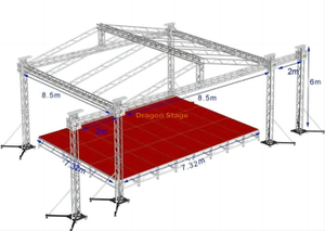Aluminum Portable Mobile Event Lighting Truss Stage for Stage Equipment Platform 8.5x8.5x6m with Wings 2m