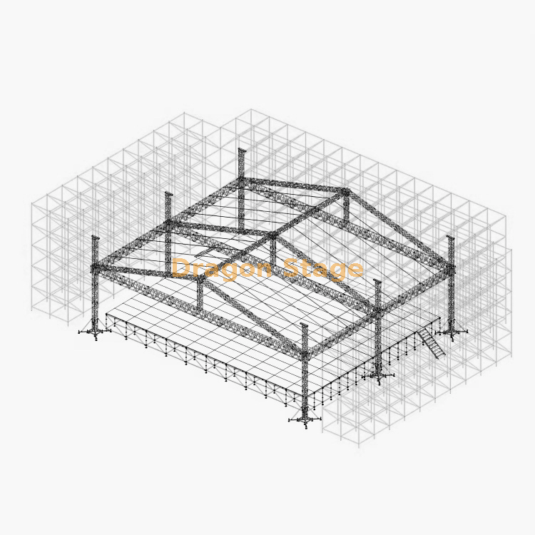 36m Ringlock Truss Wall with 21x20m Aluminum Roofing Stage, 2 Front LED Wings and 2 Aluminum Stairs