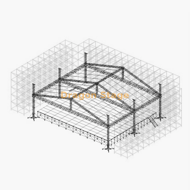 36m Ringlock Truss Wall with 21x20m Aluminum Roofing Stage, 2 Front LED Wings and 2 Aluminum Stairs