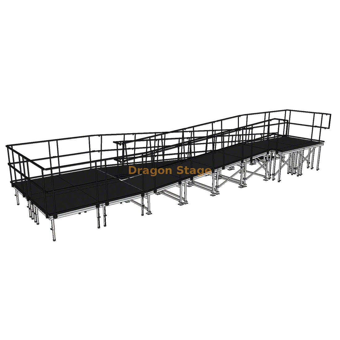 10.27x3.24m Switchback Modular Aluminum Stage Ramp with Landing and Dual Guardrails