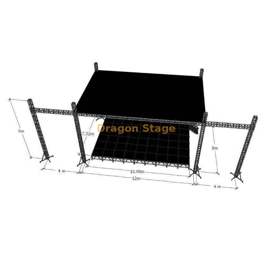 Professional Aluminum Outdoor Concert Stage Truss System 12x8x6m with Dual LED Wings 4m