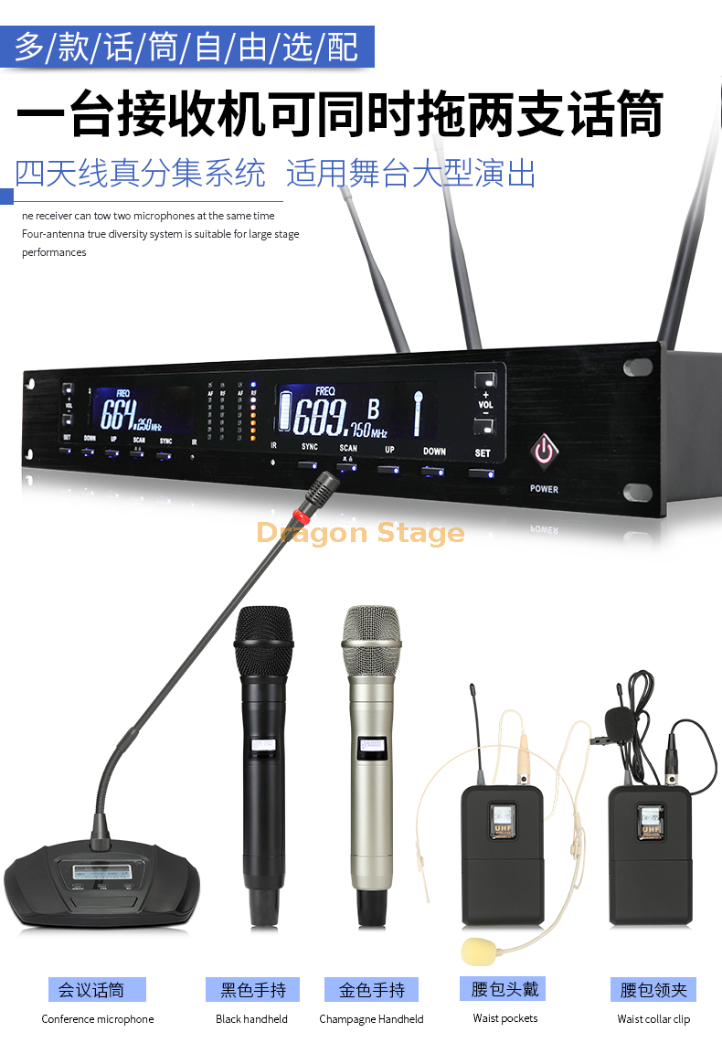 detail Professional stage wedding performance conference KTV home microphone karaoke one drag two wireless microphone true diversity (3)