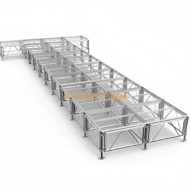 4.88x12.2m Professional T-Shape Glass Fashion Runway with Adjustable Aluminum Frame and Dual Stairs