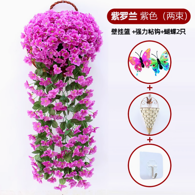 Simulated Violet Wall Hanging Orchid Large Embroidery Artificial Plastic Flower Silk Flower Rattan Purple Red 2 Bundles of Large Violet Free Hanging Basket+2 Butterflies+Hook