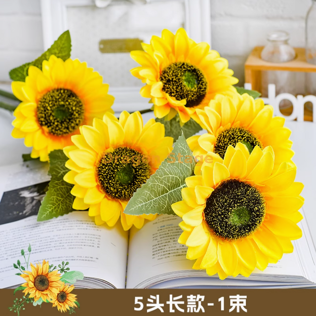 Small Sunflower Simulation Flower Ornament Sunflower Fake Flower Ornament Engineering Flower Plastic Five Head Long Sunflower 1 Bundle - Length 100cm