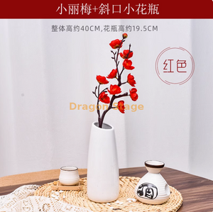 Simulated Plum Blossom and Peach Blossom Branch Ornament Living Room Dry Flower and Plum Blossom Bonsai Decoration Flower Pottery Red Linglong Plum+Small Oblique Mouth Vase