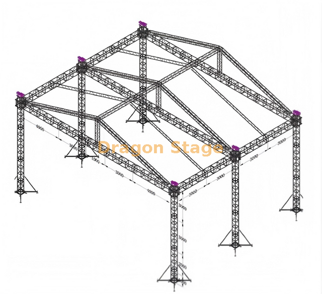 14x12x10m Aluminum Outdoor Concert Roof Truss System - 10m High Heavy-Duty 6-Pillar Ground Support Stage Structure