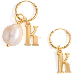 fashion stainless steel earrings jewelry custom gold plated alphabet initial letter hoop freshwater pearl drop earrings