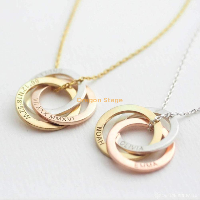 Diy Engraved Jewelry Minimalist Custom stainless steel Plated Gold Personalized Kids Name 3 Circle Connected Pendant Necklace