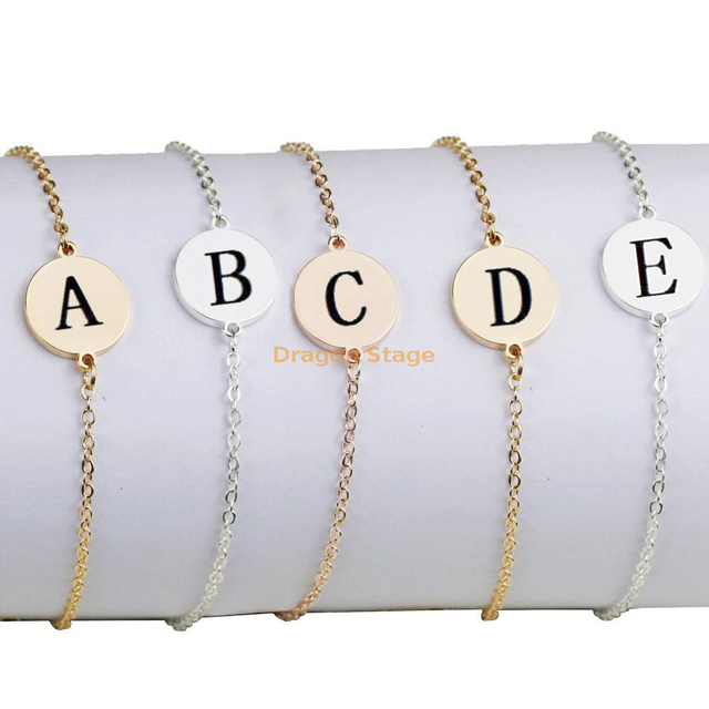 Latest Design Chain Stainless Steel Round Coin Diy Alphabet Plated Custom Charm Gold Initial Letter Bracelet