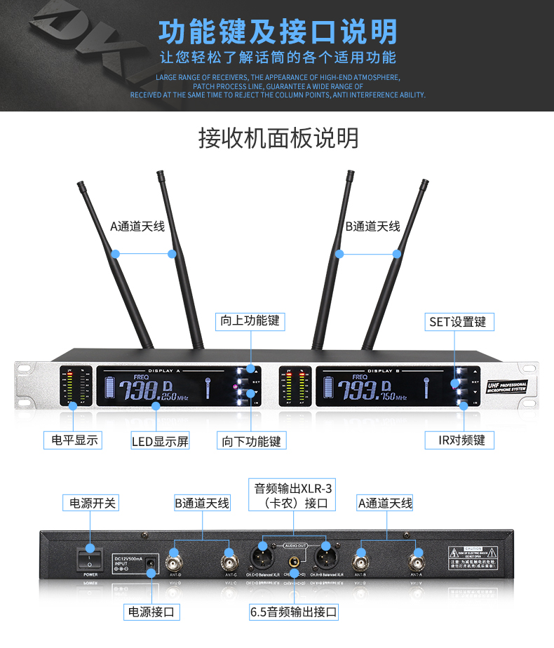 details of Professional true diversity wireless microphone outdoor stage performance wedding KTV one drag two Lavalier microphone u segment (7)