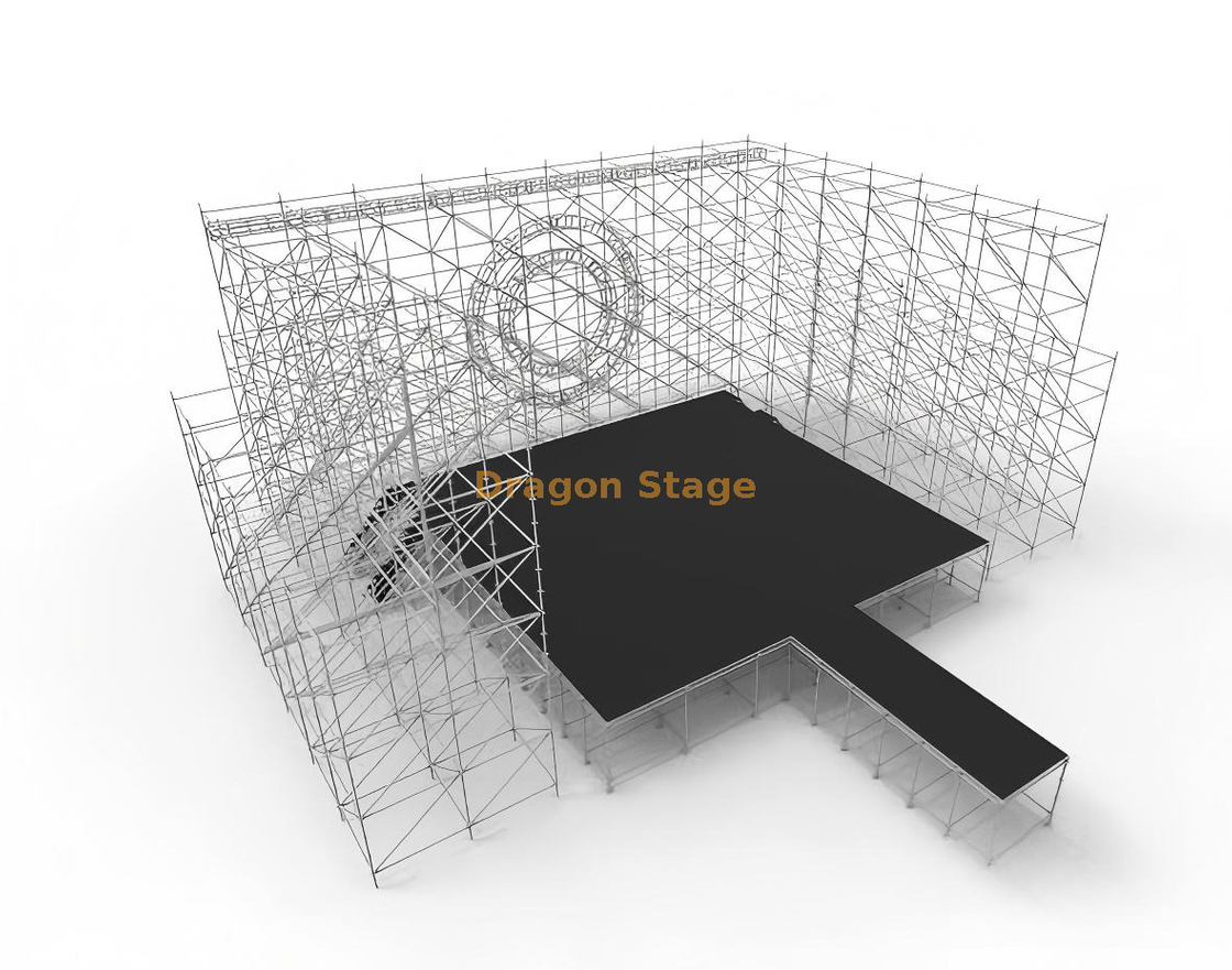 12x10m Ringlock Concert Stage with 2x6m Runway, LED Side Structures and 400mm Circular Truss