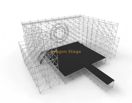 12x10m Ringlock Concert Stage with 2x6m Runway, LED Side Structures and 400mm Circular Truss