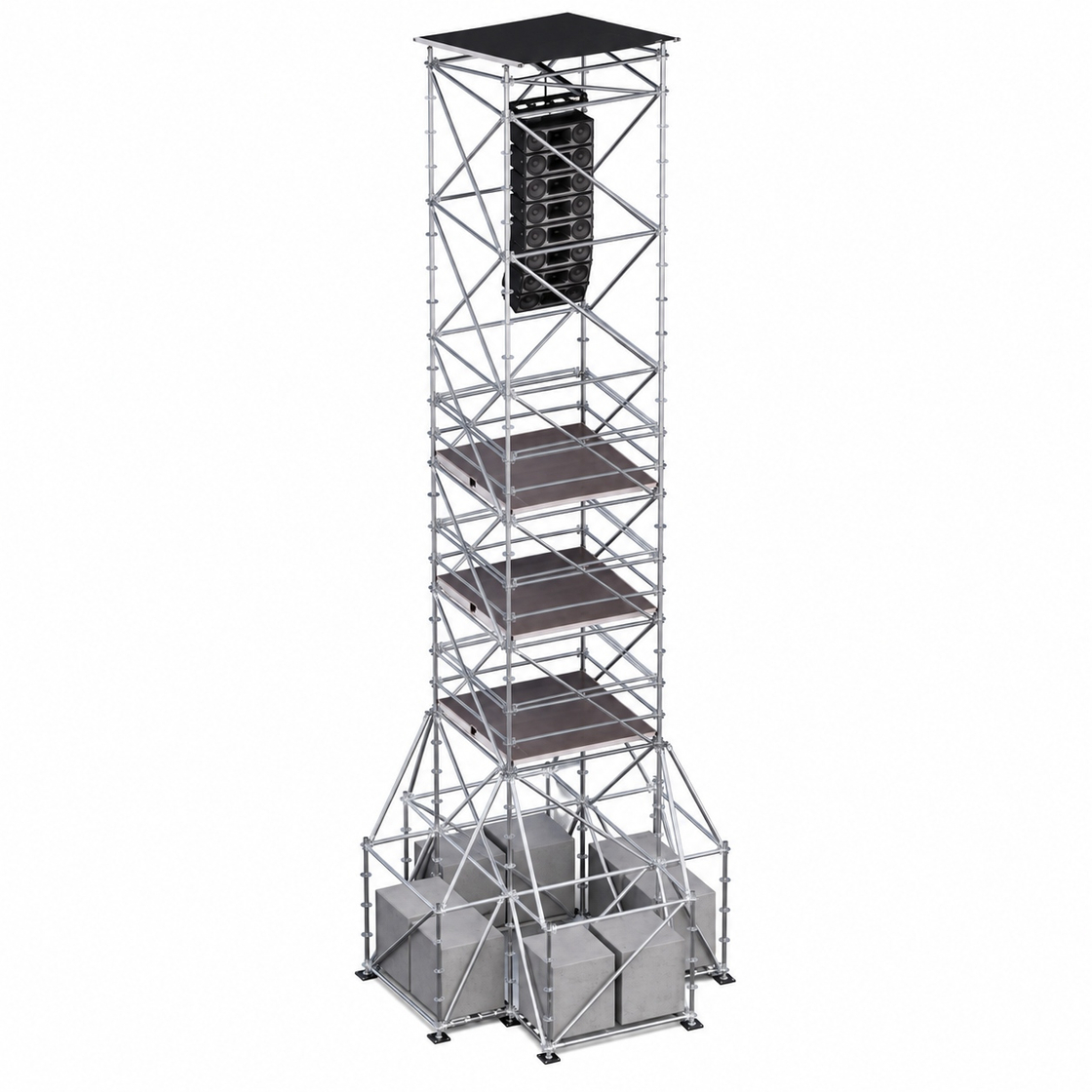 14m High Ringlock Line Array Hanging Tower with 4 Working Platforms, Ballast and Waterproof Roof