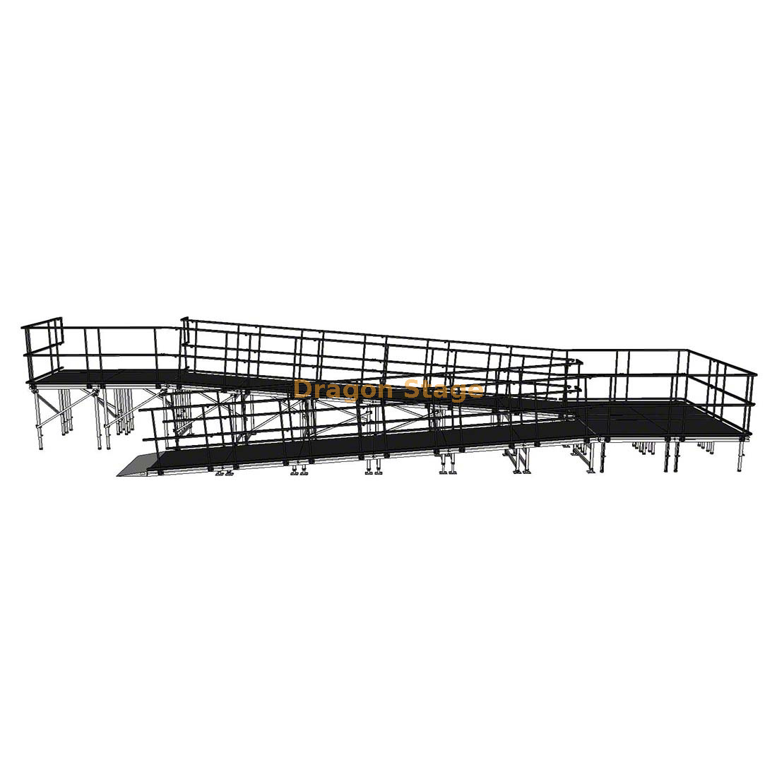 12.25x3.24m Switchback Modular Aluminum Stage Ramp with Landing and Dual Guardrails