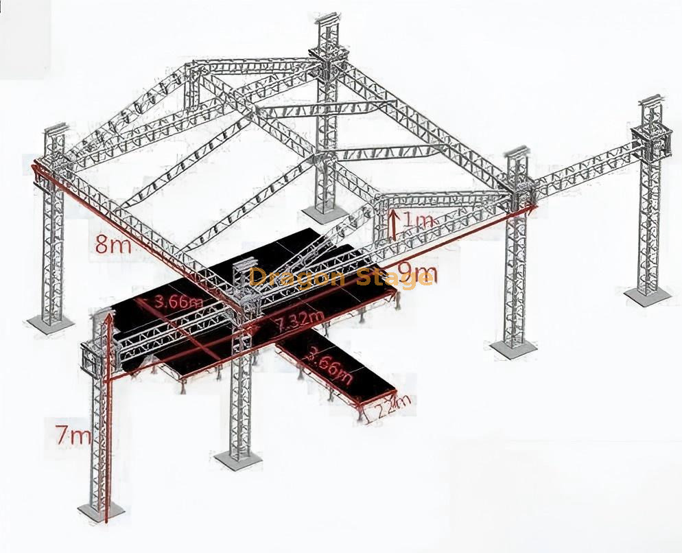 9x8x7m Portable Stage Truss System with Black Canopy Roof