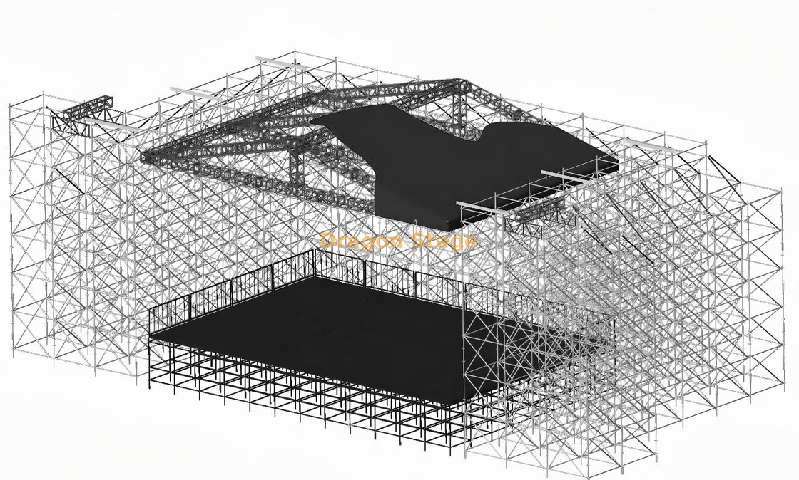 14x10m Ringlock Concert Stage System with Aluminum Peak Roof, 6m LED Wings and Line Array Supports
