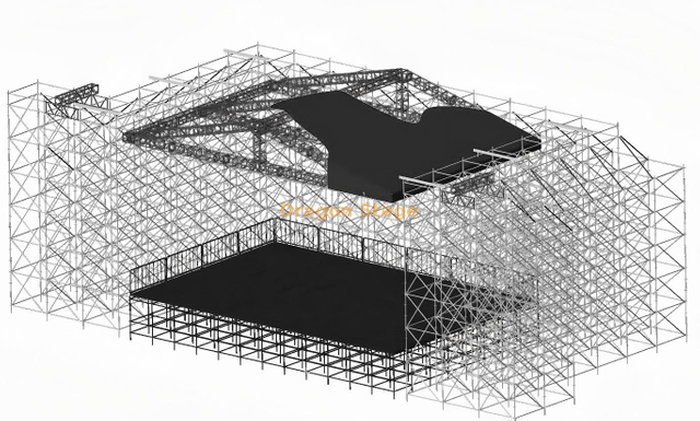 14x10m Ringlock Concert Stage System with Aluminum Peak Roof, 6m LED Wings and Line Array Supports